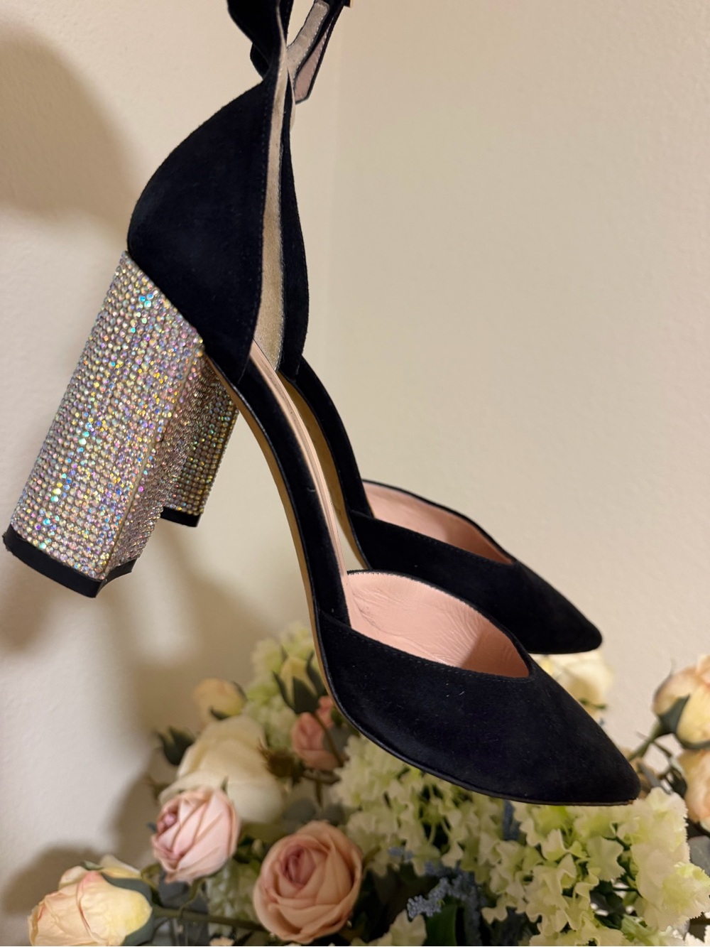 kate spade Black Suede Pointed Toe Heels with Rhinestone Block Heel